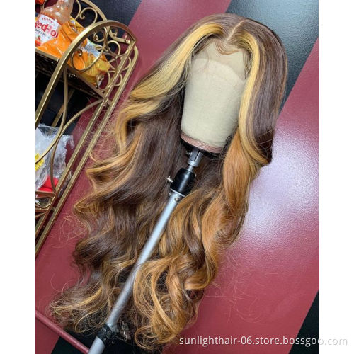 Sunlight Brazilian Colored Hd Frontal Cuticle Aligned Ombre Brown 4/27 Highlight Body Wave Mink Human Hair Lace Front Wigs